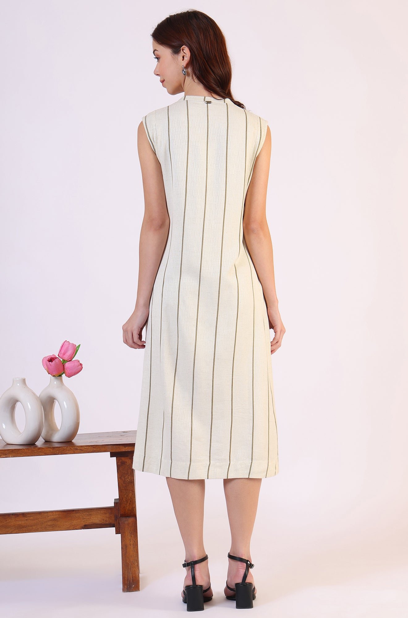 Off -White Striped Cotton Blend Flared Western Dress - Image 8