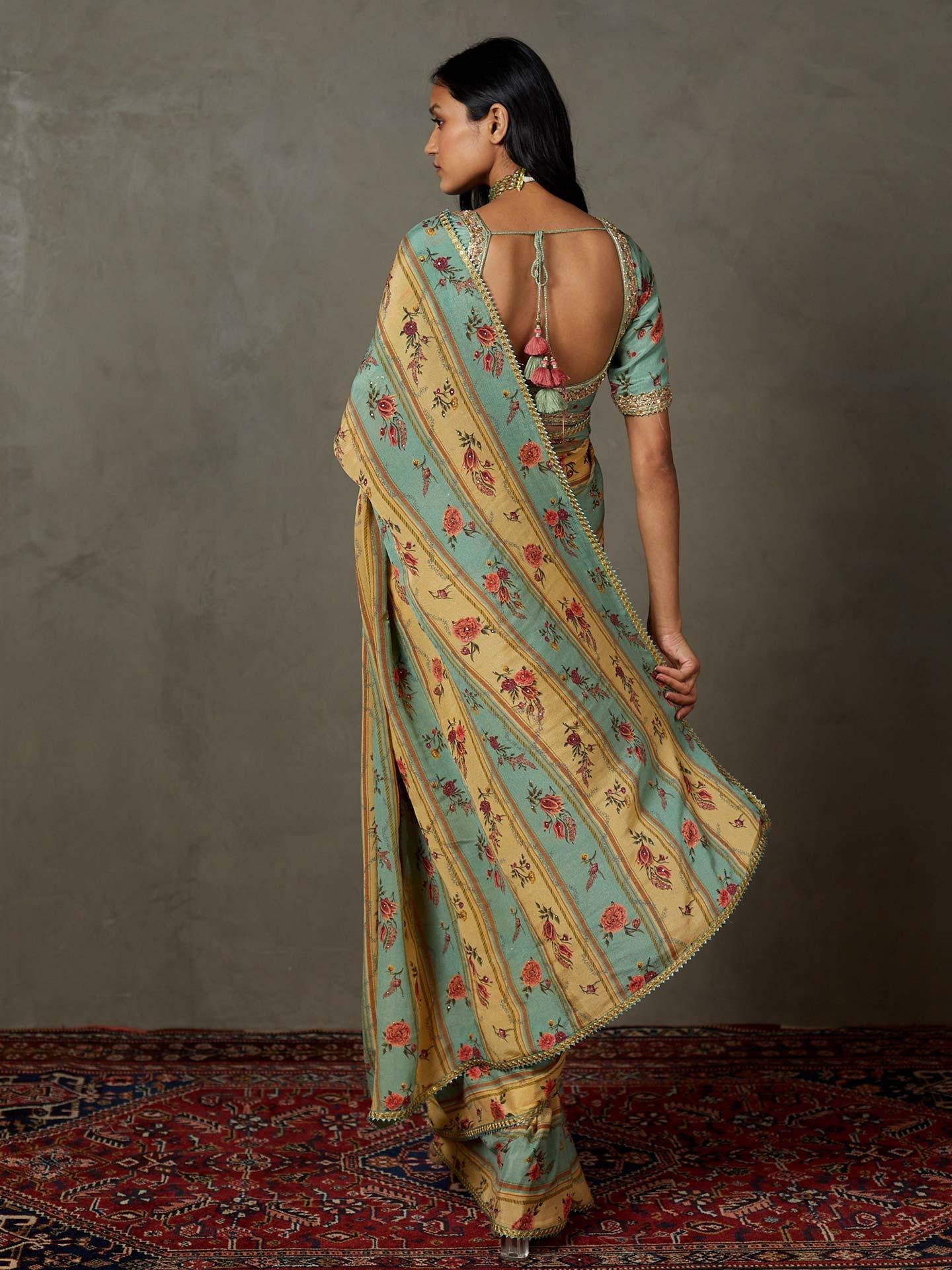 Light Teal Dahlia Saree With Unstitched Blouse - Image 6