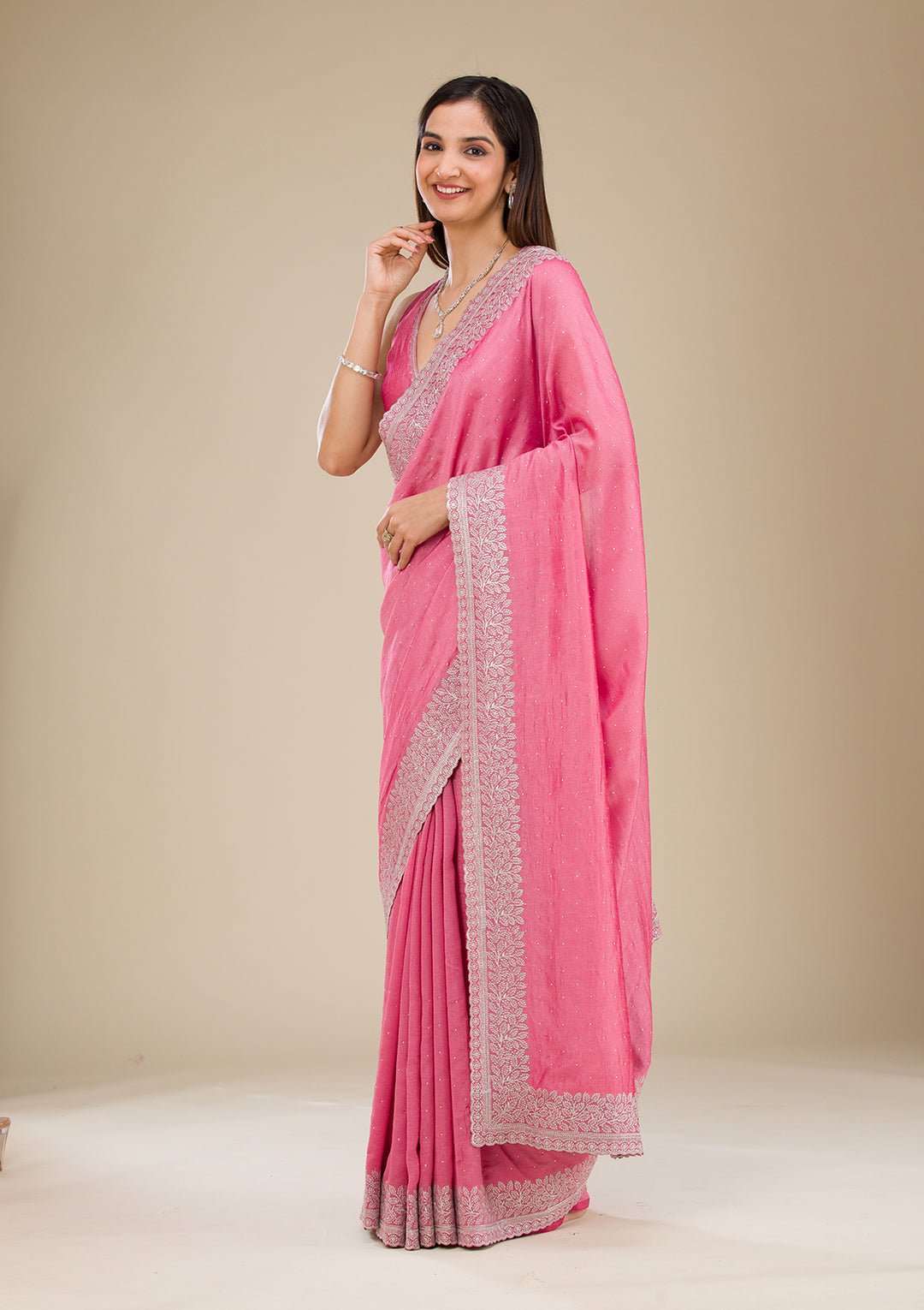 Onion Pink Zariwork Soft Silk Saree - Image 2