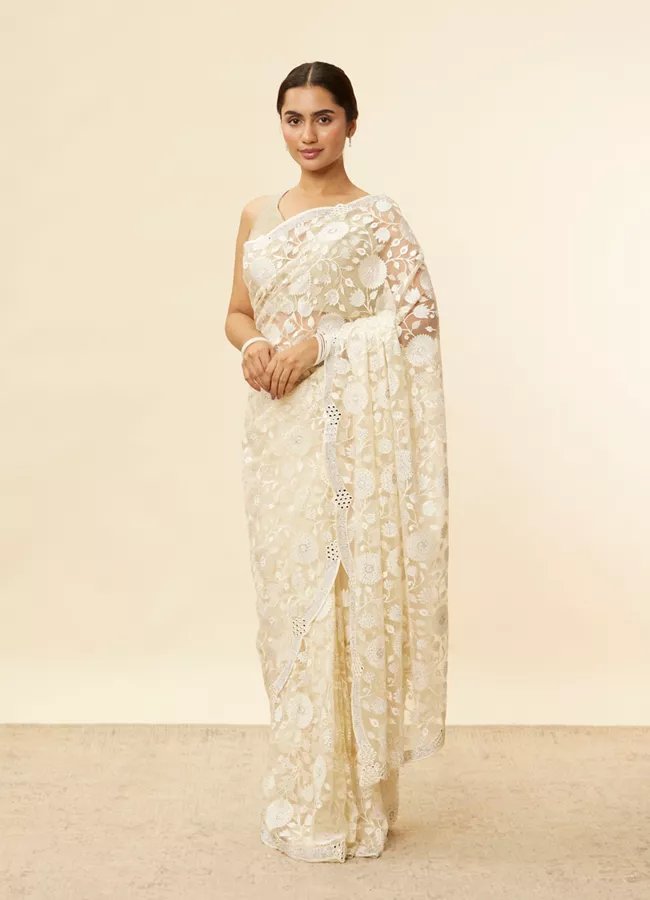 Ivory Cream Bel Buti Patterned Mirror and Stone Work Saree - Image 3
