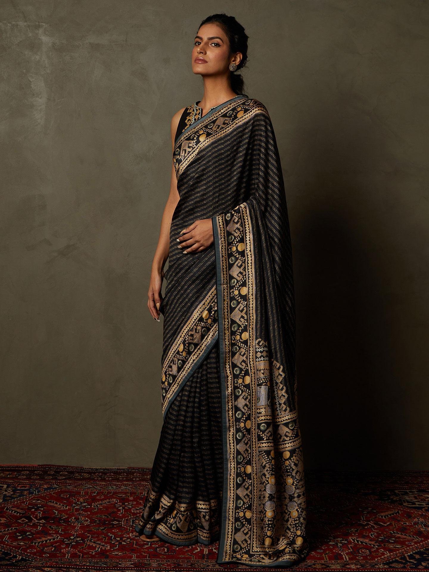 Black & Beige Noni Saree With Stitched Blouse - Image 4
